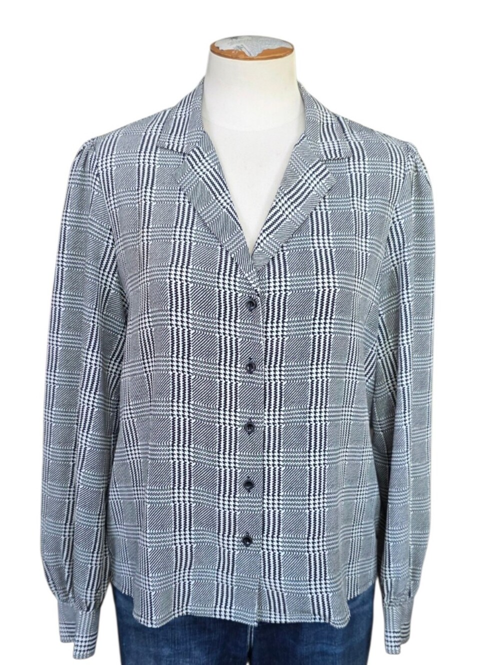 Topshop Black White Plaid Puff Shoulder Blouse Womens Size 8 - Picture 2 of 11